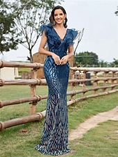 abordables Robes de Soirée-Robe de Quinceanera Sirène  Trompette Élégante Robe Mariage Mariée Invitée Longueur de Sol Sans Manches Col en V Spandex avec Sequins