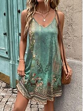 tanie Sukienka boho-Damskie Sukienka mini Sukienka A line Letnie sukienki Sukienka na ramiączkach Sukienka z odkrytymi ramionami Urlop Codzienny Urlop Codzienny Regularny Kwiaty Graficzny Bez rękawów W serek Zielony Lato