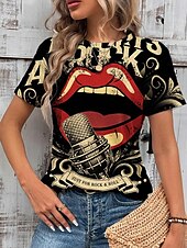 billige Kunst &amp; Design t-skjorte-Dame T skjorte Bokstaver Munn Fritid Kortermet Crew-hals Vanlige topper Daglig Trykt mønster Brun Sommer Vår