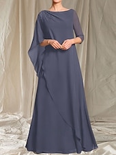 halpa Lattian pituus-A-linja Morsiamen äidin mekko Häiden vieras Elegantti Crew-kaula-aukko Lattianpituinen Chiffon 3/4-pituisella hihalla Helmiäistyksellä