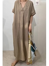 abordables concevoir des robes en coton et lin-Femmes Robe Midi Robes inspirées du lin Robe en coton et lin Mode Classique Moderne Quotidien Fête Week-end Coupe régulière Uni Manche Courte Col en V Rouge Chameau Violet Vert Été