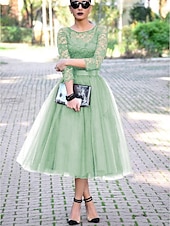 economico Abiti da cocktail-Abiti Cocktail A-Line Elegante Abito Lunghezza Caviglia Maniche 3/4 Collo Gioiello Ospite di Matrimonio di Autunno Tulle con Pieghe Inserti in Pizzo Abiti Derby 2025