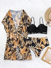 billiga Bikiniset-Kvinnors Baddräkter Bikini Tre Delad Troser Baddräkt Rygglös Mage Kontroll Hög Midja Slim Semester Strandkläder Löv V Nack Långärmad Baddräkter