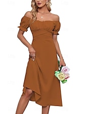 abordables Robes de vacances-Femmes Robe Midi Robe en coton et lin Mode Basique Moderne Quotidien Fête Sortir Coupe régulière Uni Manche Courte Épaules Dénudées Vert Claire Bleu Roi Violet Marron Été