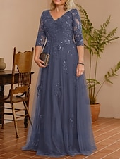 cheap Floor Length-A-Line Mother of the Bride Dress Wedding Guest Elegant V Neck Floor Length Lace Tulle 3/4 Length Sleeve with Beading Appliques 2025