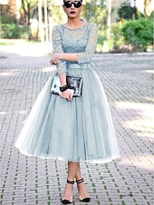 economico Abiti da cocktail-Abiti Cocktail A-Line Elegante Abito Lunghezza Caviglia Maniche 3/4 Collo Gioiello Ospite di Matrimonio di Autunno Tulle con Pieghe Inserti in Pizzo Abiti Derby 2025