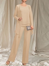 cheap Floor Length-Jumpsuit / Pantsuit 3 Piece Mother of the Bride Dress Wedding Guest Elegant Crew Neck Floor Length Chiffon Long Sleeve with Beading