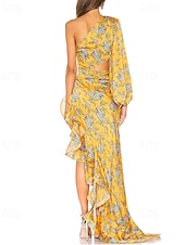 cheap YELLOW-Mermaid / Trumpet Evening Gown Elegant Dress Wedding Wedding Guest Floor Length Long Sleeve One Shoulder Asymmetrical Neckline Satin with Floral Print Pleats Ruffles Wedding Guest Dress 2025