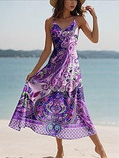 ieftine Rochii boho-Pentru femei Rochie Maxi Rochie casual Rochie A line Vacanță Epocă Έθνικ Zilnic Fit regulat Grafic Epocă Boem Fără manșon În V Roz Îmbujorat Albastru piscină Mov Trifoi Vară Primăvară Toamnă
