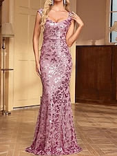 billige Aftenkjoler-Fisketail  Trompet Quinceañera Kjoler Elegant Kjole Bryllup Bryllupsgjester Gulvlengde Ermeløs V-Hals Polyester med Pynt