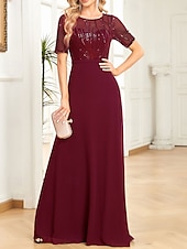 abordables Moins de 129,99 $-Robe pour mère de la mariée élégante robe de soirée décolleté rond longueur sol en chiffon spandex à manches courtes avec sequins