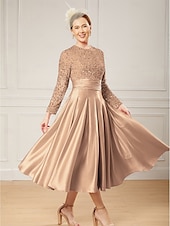 economico Lunghezza del pavimento-Abito A-Line per madre della sposa elegante collo gioiello lungo fino al pavimento in satin maniche lunghe con pieghe e paillettes