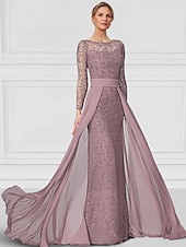 preiswerte Bodenlänge-Kleid  Säulen-Kleid Brautmutter Kleid Elegantes Bateau-Ausschnitt Bodenlang Chiffon Spitze Lange Ärmel mit Spitze Einfarbig