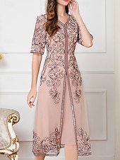 preiswerte Teelänge-Kleid Brautmutterkleid Hochzeitsgast Elegant Chinesischer Stil V Ausschnitt Knielang Polyester Baumwollmischung Halbarm mit Stickerei 2025