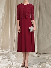 abordables Longueur du thé-Robe Mère de la Mariée A-Line Deux Pièces Invité de Mariage Élégante Col Arrondi Longueur Thé Chiffon Dentelle Manches 3/4 avec Robe Midi Ruchée en Dentelle 2025