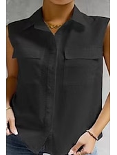 voordelige Overhemden-Dames Overhemd Knoop omhoog Blouse Effen Basic Modern Casual Mouwloos Overhemdkraag Normale tops Dagelijks Uitgaan Knop Zak Zwart Wit Licht Blauw Zomer