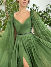cheap GREEN-A-Line Evening Gown Elegant Dress Wedding Party Court Train Sleeveless V Neck Fall Wedding Guest Chiffon with Ruched