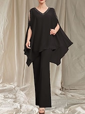 baratos Comprimento do chão-Macacão  Vestido de Calça Mãe da Noiva Vestido Convidada de Casamento Elegante Decote em V Comprimento do Chão Chiffon Manga Longa com Aplicações