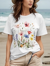 billige Blomster t-skjorte-Dame T skjorte Bomullsskjorte Blomstret Grafisk Fritid Kortermet Rund hals Vanlige topper Daglig Trykt mønster Hvit Sommer