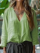 abordables Chemises-Femmes Chemises inspirées du lin T-shirt Chemisier Uni Élégant Occasionnel manche longue Col en V Hauts Réguliers Quotidien Sortir Week-end Rose Claire Vert Véronèse Kaki Bleu clair Été Printemps