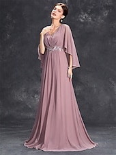 cheap Floor Length-Dress Mother of the Bride Dress Elegant Party V Neck Floor Length Polyester Half Sleeve with Appliques 2025