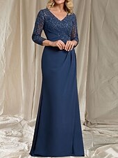 preiswerte Bodenlänge-A-Linie Brautmutter Kleid Hochzeitsgast Elegant V-Ausschnitt Bodenlänge Chiffon 3/4-Länge Ärmel mit Perlenapplikationen