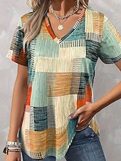 cheap Stripe&amp;Geometric tee-Women&#039;s Blouse Graphic Geometric Casual Short Sleeve V Neck Regular Tops Daily Print Blue Purple Orange Green Summer Spring