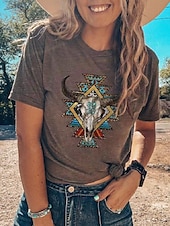 abordables T-shirt Boho-Femmes Hauts d&#039;été Graphique Tribal Mode Western Occasionnel Manche Courte Col rond Hauts Réguliers Quotidien Sortir Week-end Patchwork Imprimé Marron Été Printemps