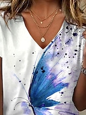 abordables T-shirt Art &amp; Design-Femmes T-shirt Graphique Papillon Mode Hawaïen Occasionnel manche longue Col en V Hauts Réguliers Quotidien Sortir Week-end Imprimé Bleu Été Printemps