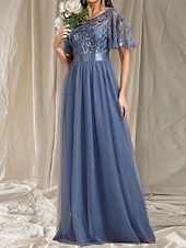 cheap Wedding Guest Dresses-A-Line Wedding Guest Dresses Elegant Dress Wedding Guest Floor Length Short Sleeve Crew Neck Fall Wedding Guest Lace with Glitter Sequin