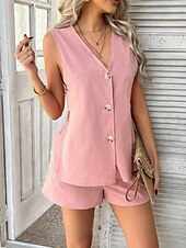 cheap Sets-Women&#039;s Active Basic Linen-Inspired Sets Two Piece Sets Vest Sleeveless V Neck Solid Color Casual Daily Black White Pink Summer Regular Fit