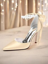 cheap Cocktail-Women&#039;s Champagne Satin Wedding Heels with Pearl Ankle Strap - Elegant Bridal &amp; Cocktail Stiletto Pumps