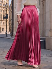 preiswerte Maxi-Röcke-Damen Rock Langer Rock Mode Lang Maxi Hohe Taille Röcke Einfarbig Gerafft Plissiert Schimmernd Mikroelastisch Täglich Ferien Silber Pfauenblau Marineblau Schwarz Frühling, Herbst, Winter, Sommer