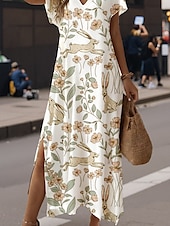cheap Easter Dresses-Women&#039;s Maxi Dress A Line Dress Summer Dress Casual Vacation Daily Regular Fit Floral Graphic Animal Short Sleeve V Neck Light Yellow Spring Fall