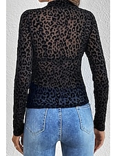 billige Sexy topper for kvinner-Dame Skjorte Bluse Leopard Stilfull Moderne Langermet Høyhalset Vanlige topper Daglig Ferie Netting Svart Sommer