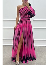 preiswerte Elegante Blumenkleider-Damen kleid lang Ballkleid abendkleider Cocktailkleid Modisch Party Tee-Party Ausgehen Regular Fit Farbblock Langarm Ein-Schulter Weiß Grün Rosenrot Sommer