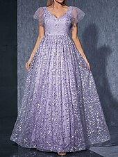 preiswerte Unter 129,99 $-Kleid Mutter der Braut Kleid elegantes lässiges V-Ausschnitt bodenlang Polyester Kurzarm mit Blume