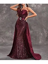 cheap RED-Mermaid / Trumpet Evening Gown Vintage Dress Evening Party Wedding Reception Sweep / Brush Train Sleeveless Strapless Belt / Sash Sequined Backless with Glitter Sequin