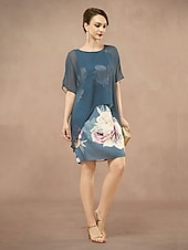 abordables Moins de 129,99 $-Robe Mère de la Mariée Colonne Sheath Élégante Col Ronde Longueur Thé Mousseline Satin Manches Courtes avec Fleur Couleur Unie Robe de Mariage Invité 2025