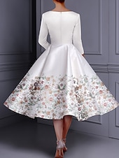 cheap WHITE-Floral Pink A-Line Cocktail Dresses Elegant Dress Formal Valentine&#039;s Day Tea Length 3/4 Length Sleeve Jewel Neck Belt / Sash Satin with Glitter Slit Embroidery