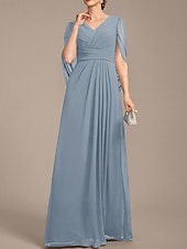 preiswerte Bodenlänge-A-Linie Brautmutterkleid Hochzeitsgast Elegant V Ausschnitt Bodenlang Chiffon Kurzarm mit Falten Raffung 2025