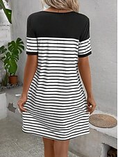 ieftine Rochii cu dungi și geometrice-Rochie Mini pentru Femei Rochie Tip Tricou Rochie Tip Shift Rochie de Vară Formală Vacanță Muncă Zile Zilnice Regular Fit Grafic Dungi Mâneci Scurte Gât Rotund Negru Vara Primăvară