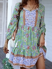billiga Bohemklänningar-Dam Mini klänning Vardagsklänning Sommarklänning Boho-klänning Mode Utomhus Semester Dagligen Normal Blommig 3/4 ärm V-hals Gul Rodnande Rosa Blå Grön Sommar