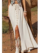 abordables Robes-Jupes femme inspirées du lin, mode, maxi, taille mi-haute, uni, ourlet asymétrique, extrémités fourchues, micro-élastique, vacances, rue, noir, blanc, été, coton