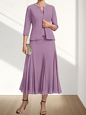 olcso Tea hossza-Két részes A-vonalú menyecske anyukájának ruha Esküvői vendég Elegáns Kerek nyak Tea hosszúságú Chiffon 3/4 Hosszú ujjú Gyöngyözéssel Midi ruha 2025