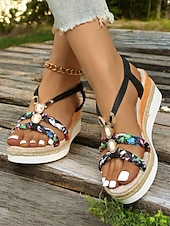 preiswerte Espadrillesandalen-Damen-Boho-Plateau-Keilsandalen – geflochtene Riemchensandalen mit Edelsteinakzenten für Freizeit, Strand und Urlaub