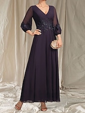 abordables Longueur du thé-Robe Mère de la Mariée A-Line Invité de Mariage Élégante Col en V Mi-Longue en Chiffon À Manches Longues avec Perles Appliques Robe Midi 2025