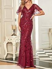 preiswerte Bodenlänge-Meerjungfrauenschnitt Brautmutterkleid Hochzeitsgast Elegant V Ausschnitt Bodenlang Spitze Kurzarm mit Spitze 2025