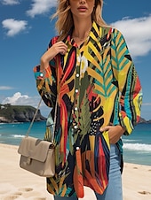 abordables Robe hawaïenne-Femmes Robe Midi Robe T-Shirt Occasionnel Date Coupe Ample Graphique Feuille manche longue Col de chemise Jaune Automne Hiver