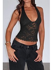 levne Krajkové topy-Dámské Tričko Halenka Bez vzoru Módní Na běžné nošení Bez rukávů Do V Crop Tops Víkend Krajka Slátanina Černá Bílá Fialová Léto